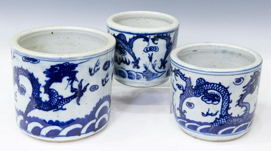 (3) CHINESE BLUE & WHITE PORCELAIN INCENSE POTS (1 of 3)