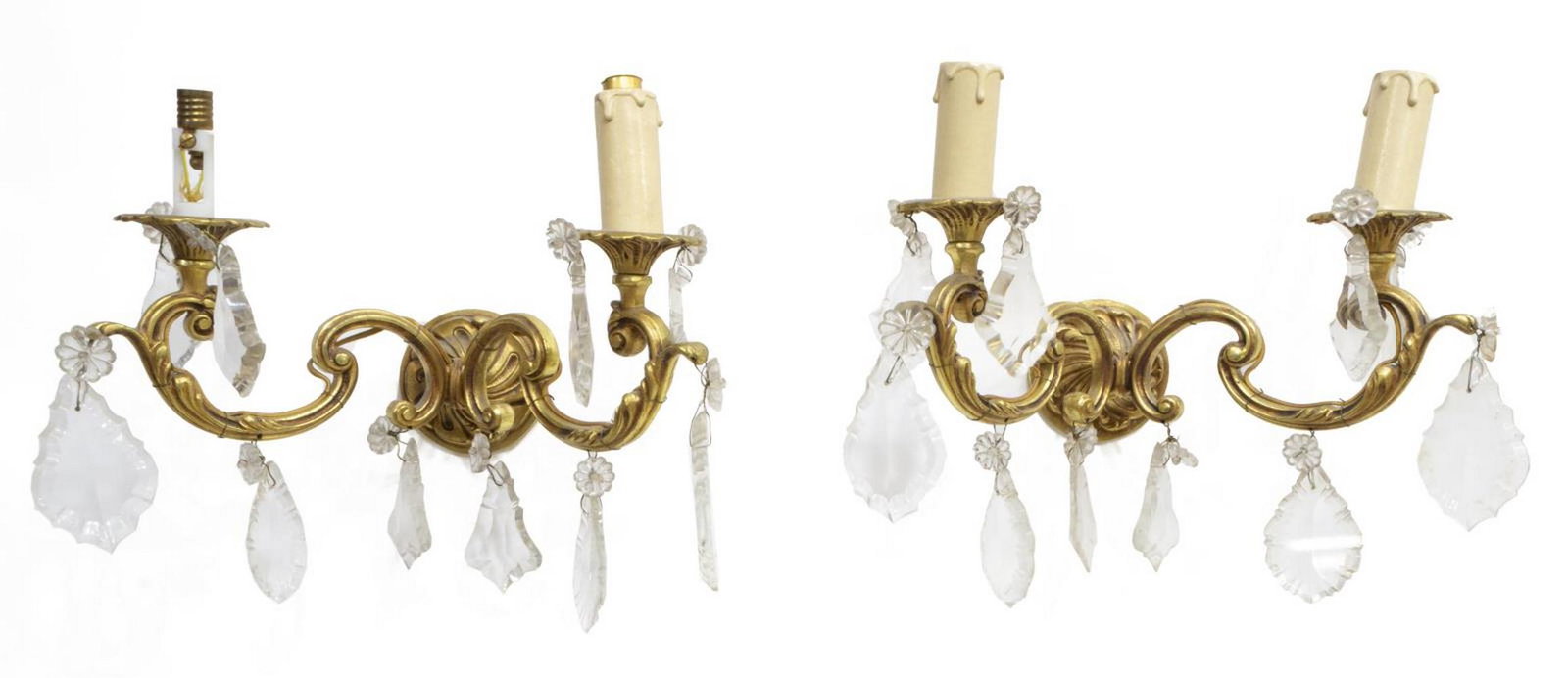 (2) FRENCH GILT METAL & CRYSTAL TWO-LIGHT SCONCES: (pair) French gilt metal and crystal two-light wall sconces, 20th c., having two scrolled arms, each supporting single candle in candle cover, hung with crystal prisms, in need of wiring, approx 7"h, 