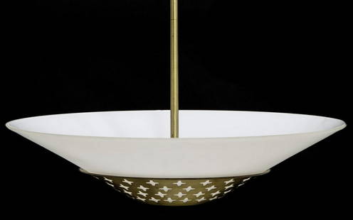 MODERN HANS BERGSTROM ATELJE LYKTAB PENDANT LIGHT: Mid-century modern pendant light, Sweden, c.1960s, designed by Hans Bergstrom (1910-1996) for Atelje Lyktan, having brass fittings, with a white acrylic bowl shade, enclosing three lights, held by a p