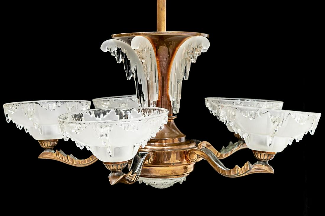 FRENCH ART DECO FROSTED ICE GLASS 5-LT CHANDELIER (1 of 3)