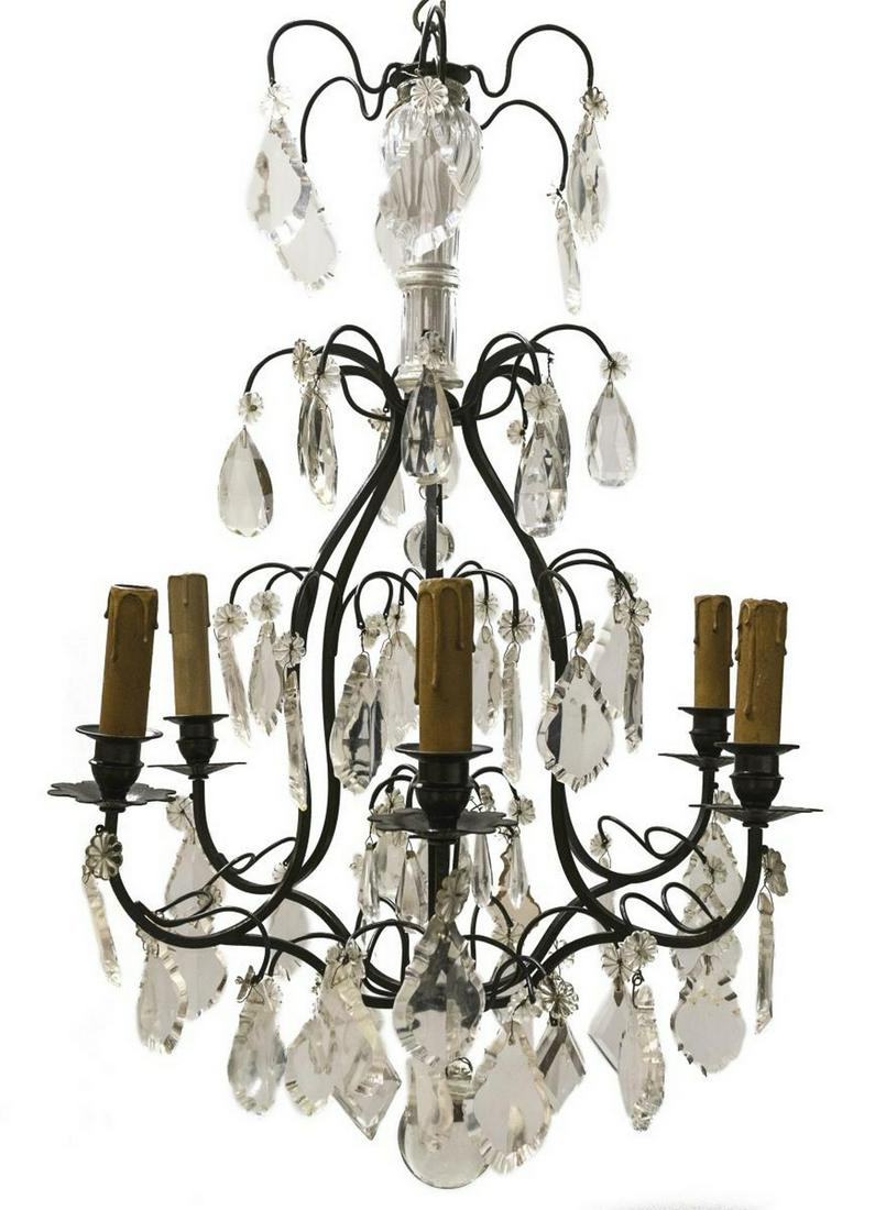 FRENCH PATINATED METAL SIX-LIGHT CHANDELIER (1 of 2)