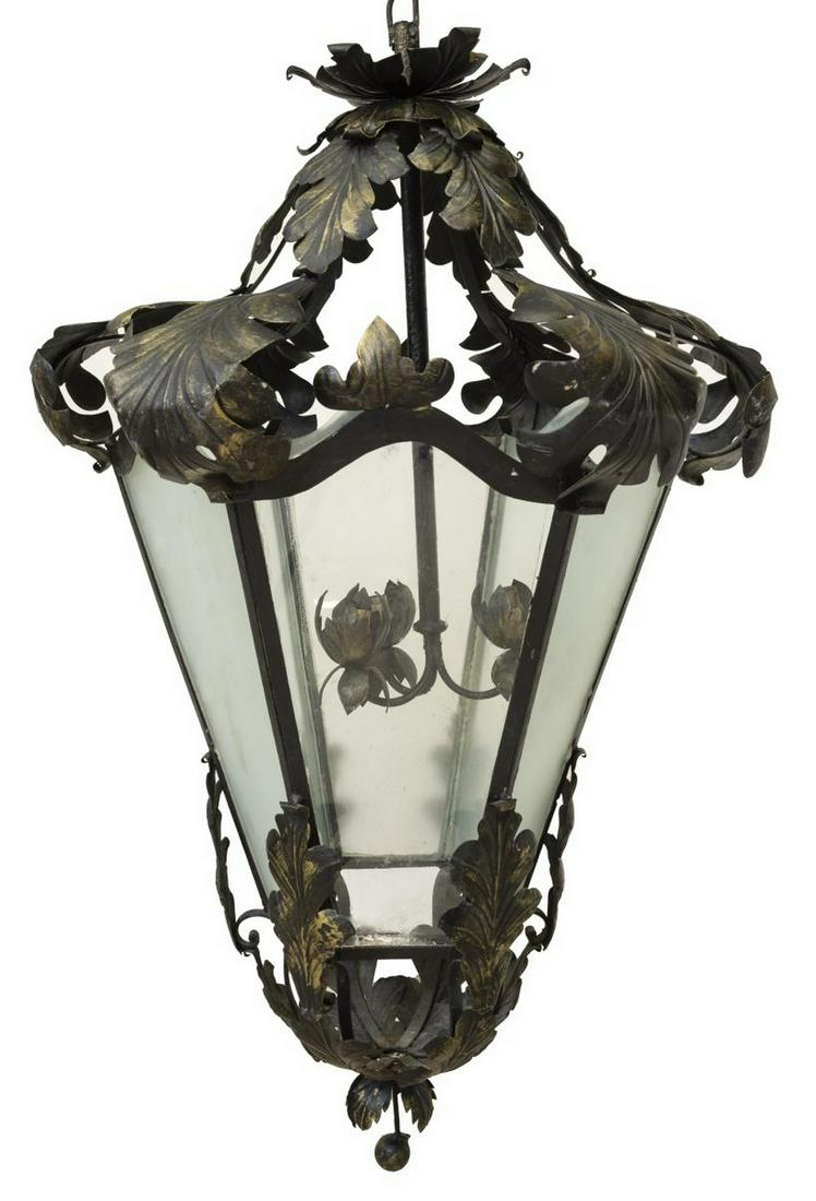FRENCH IRON & GLASS THREE-LIGHT HANGING LANTERN (1 of 3)