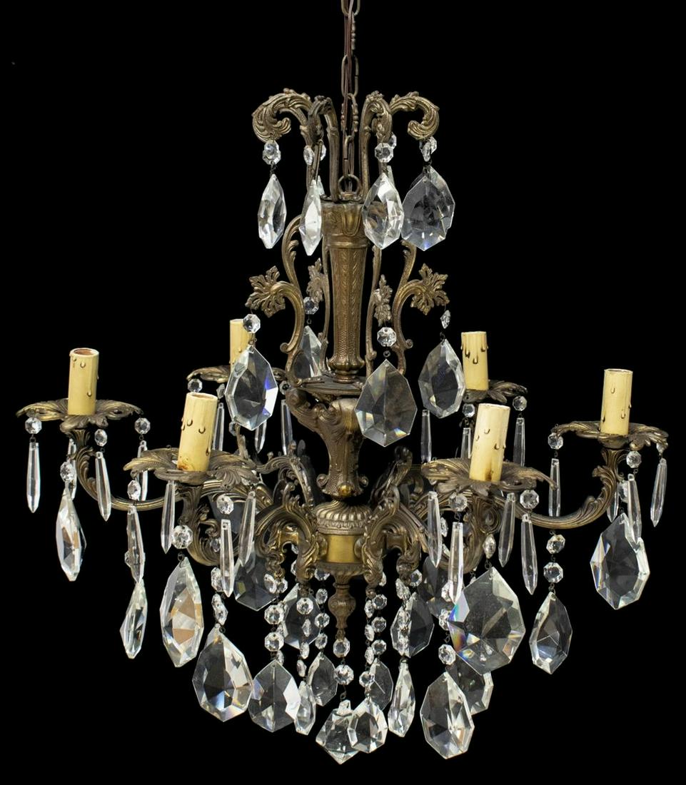 CONTINENTAL GILT BRONZE CRYSTAL 6-LIGHT CHANDELIER (1 of 2)