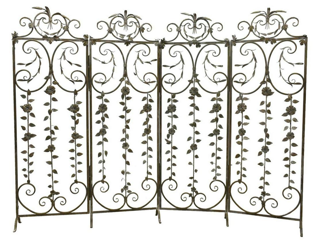 WROUGHT IRON FOLIATE DECORATED FOUR-PANEL SCREEN (1 of 1)