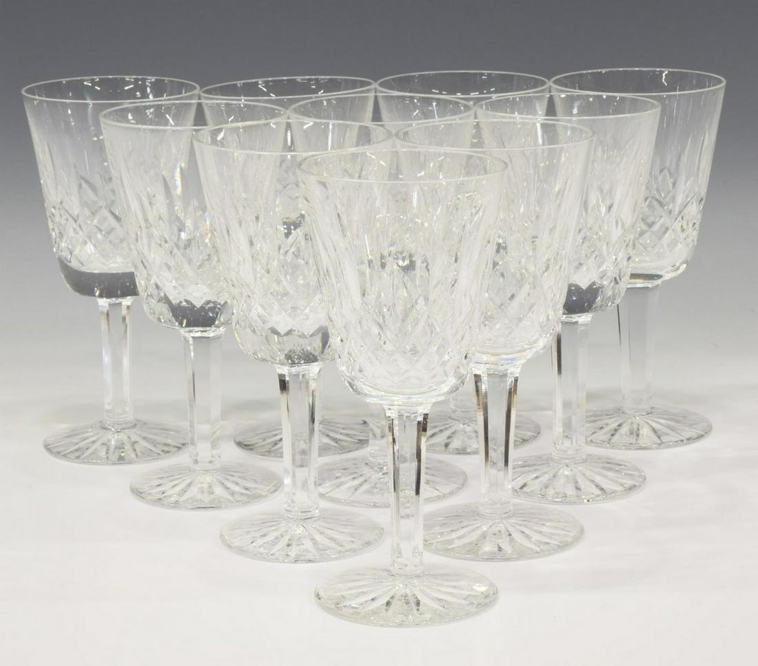 (10) WATERFORD 'LISMORE' CUT CRYSTAL WINE GLASSES: (lot of 10) Waterford "Lismore" cut crystal white wine glasses, bearing acid etched mark underfoot, one with ink marks to base, approx 5.75"h, 2.75"diam; 4.5lbs total Start Price: $80.00