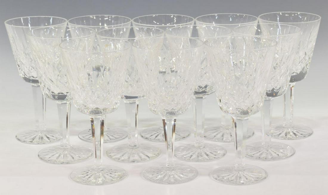 (12) WATERFORD 'LISMORE' CRYSTAL CLARET WINE STEMS: (lot of 12) Waterford "Lismore" cut crystal claret wine glasses, bearing acid etched mark underfoot, one with ink marks to base, approx 5.75"h, 3"diam; 7.25lbs total Start Price: $80.00