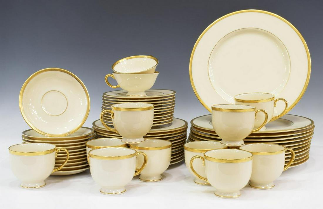 (59) LENOX 'TUXEDO' GOLD BANDED BONE CHINA SERVICE: (lot of 59) Lenox "Tuxedo" bone china dinner service, with ribbon-textured 24-karat gold band, including: (12) dinner plates, (five) with Presidential Collection stamp, approx 10.5"diam, (12) salad pl