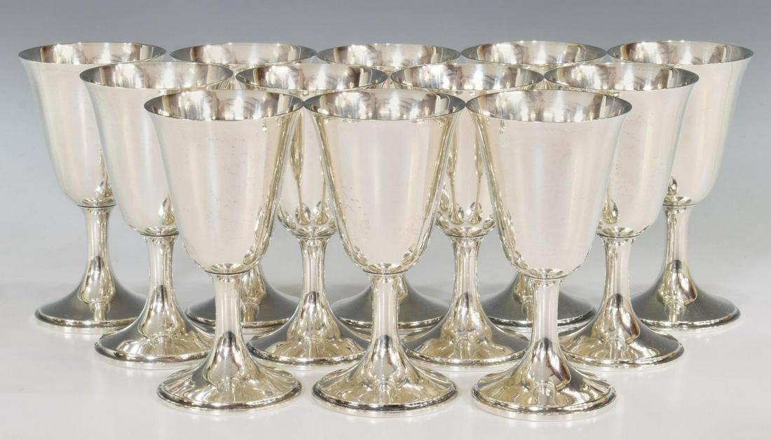 (12) S. KIRK & SON STERLING SILVER WINE GOBLETS: (lot of 12) Samuel Kirk & Son Inc. "Calvert-Old Maryland" sterling silver wine goblets, model 4111, flared rim, tapered bowl, raised on pedestal stem, over a circular foot, no observed monograms, appr