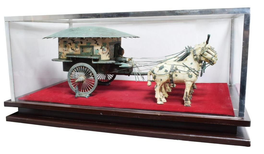 CHINESE XIAN TOMB HORSES & WAGON, 31"W: Chinese Horse Drawn Wagon based upon the bronze chariots buried with the terracotta Army of Qin Shi Huang (259BC-210BC), the first Emperor of China, discovered near Xi'an, Shanxi, China in 1974, the b