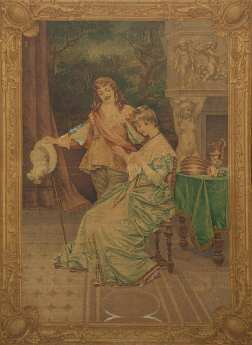 LARGE FRAMED COURTING SCENE PAINTED TAPESTRY (1 of 3)