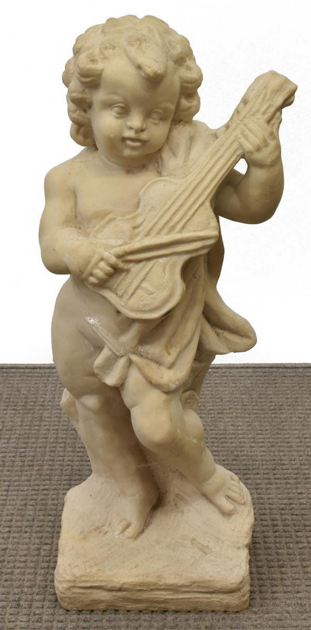 GARDEN SCULPTURE, MUSICAL PUTTO VIOLIN, 33"H: Composite sculpture of a musical putto, posed playing a violin, with draped cloth garment, approx 33"h Start Price: $150.00