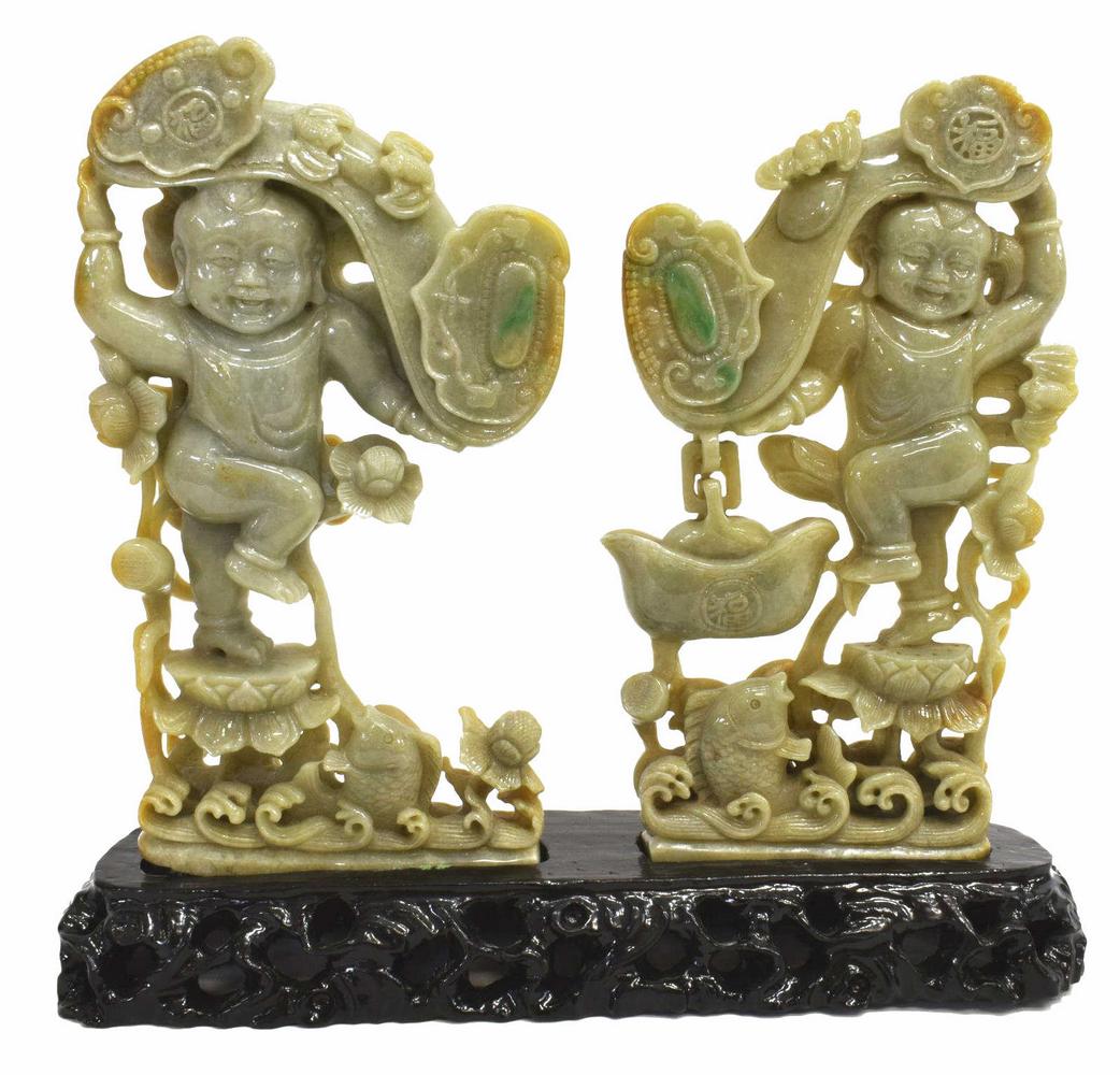 CHINESE CARVED JADE DEITY FIGURES ON BASE (1 of 4)