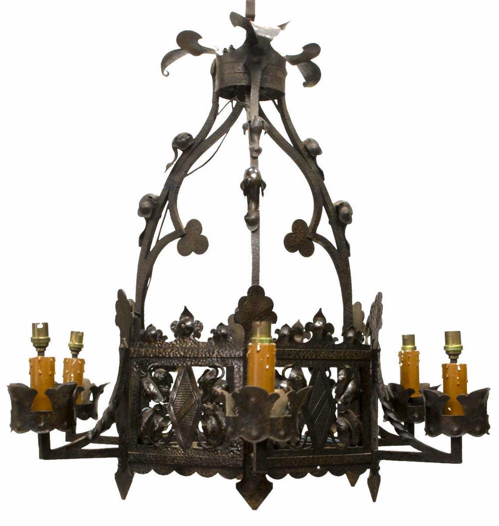 FRENCH GOTHIC REVIVAL WROUGHT IRON 6-LT CHANDELIER (1 of 1)