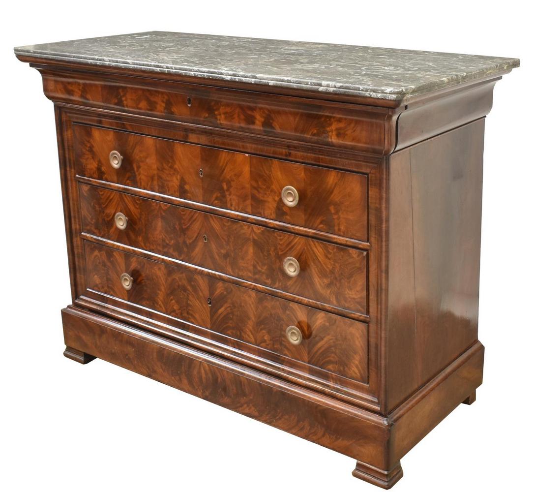 FRENCH CHARLES X MARBLE-TOP FLAME MAHOGANY COMMODE (1 of 5)