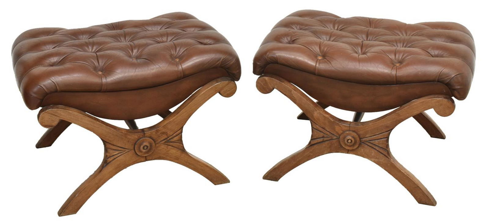 (2) ENGLISH BUTTON TUFTED LEATHER TABOURET STOOLS (1 of 2)