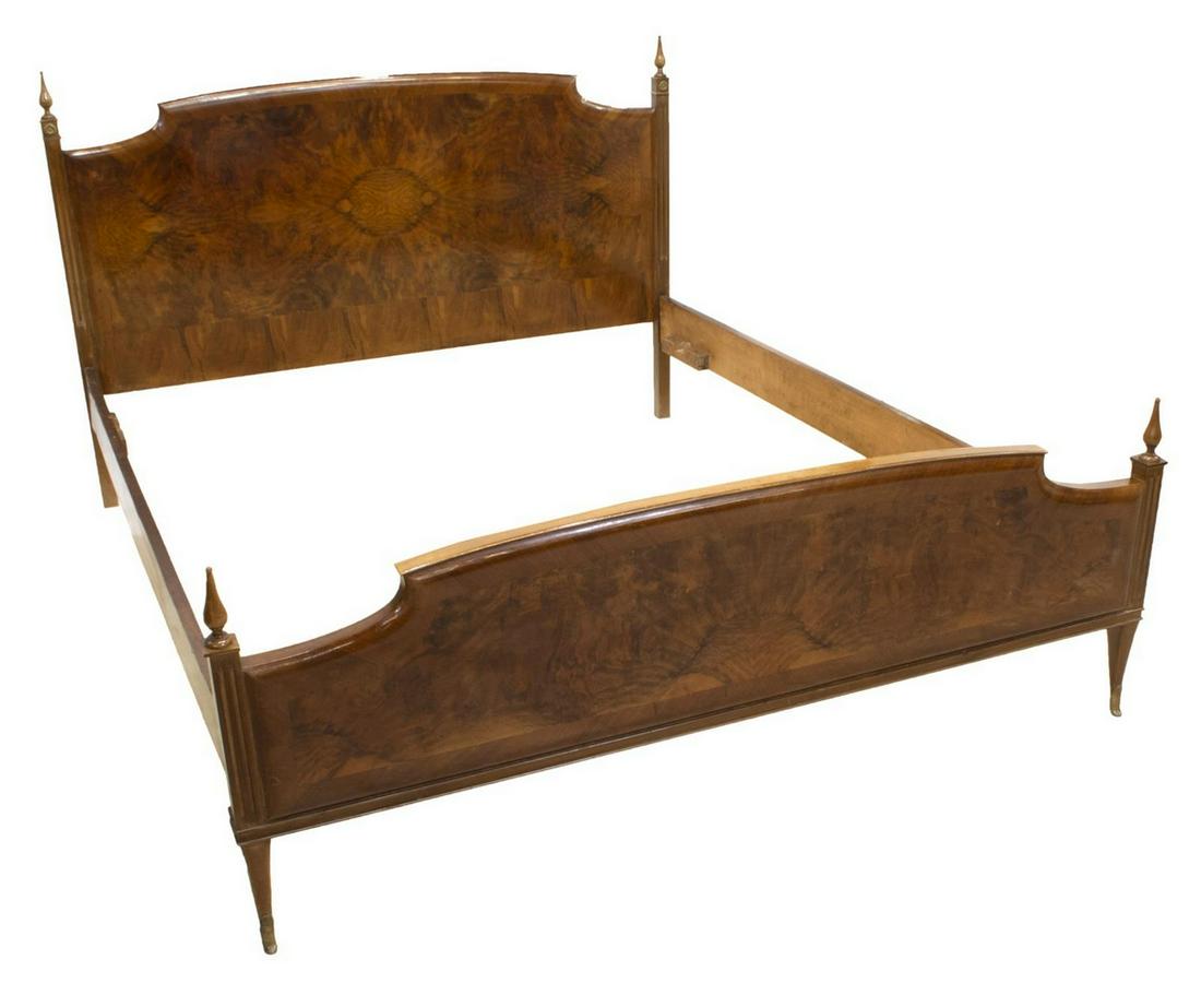 ITALIAN MATCHED BURLWOOD BED: Italian matched burlwood bed, early/mid 20thc., having gilt metal floral-form accents to the headboard, both the headboard and footboard flanked by finials, the footboard rising on tapered legs, with