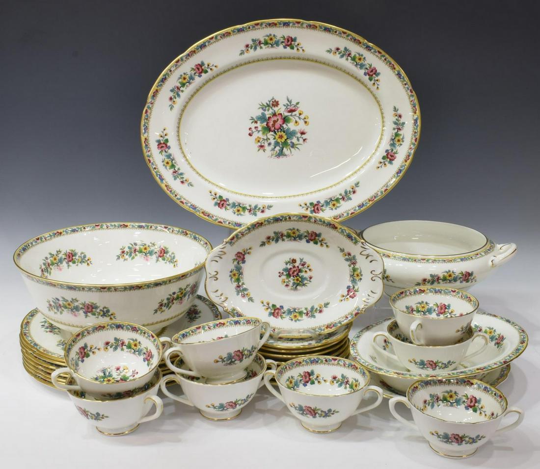 (29) COALPORT 'MING ROSE' BONE CHINA SERVICE: (lot of 29) English Coalport "Ming Rose" bone china partial dinner service, including: (7) dinner plates, 10.75"diam, (8) double-handled cups, (8) saucers, 6"diam, (2) gravy boat underplates, 9 1/8"l,