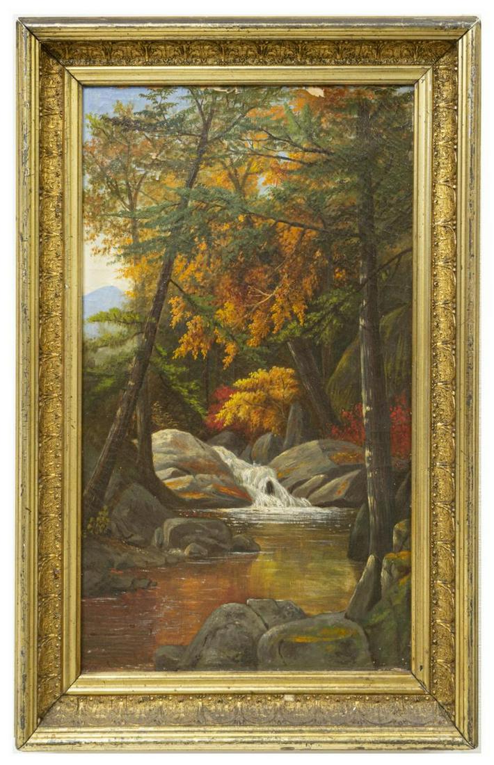 FRAMED OIL ON CANVAS PAINTING, AUTUMN LANDSCAPE: Framed oil on canvas painting, Autumn Landscape with Stream, unsigned, centered in gilt frame, label verso for Stan Levy Imports, New Orleans, paint loss, sight: approx 23.75"h, 13.75"w, overall: appr