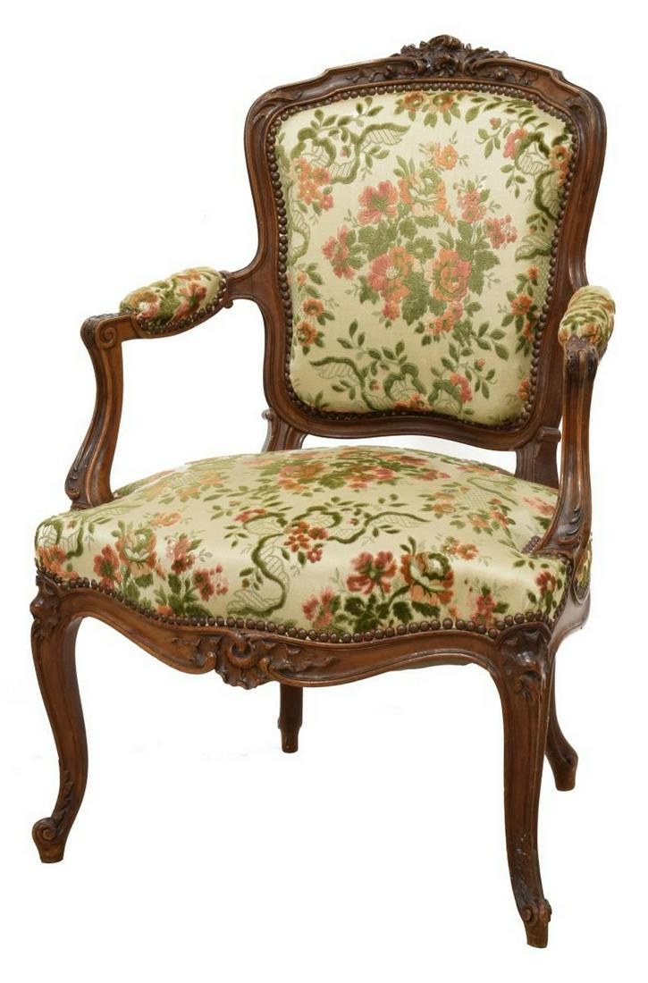 FRENCH LOUIS XV STYLE WALNUT UPHOLSTERED FAUTEUIL (1 of 2)