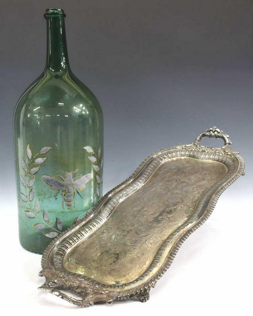 (2) FRENCH GREEN GLASS BOTTLE & SILVER PLATE TRAY (1 of 4)