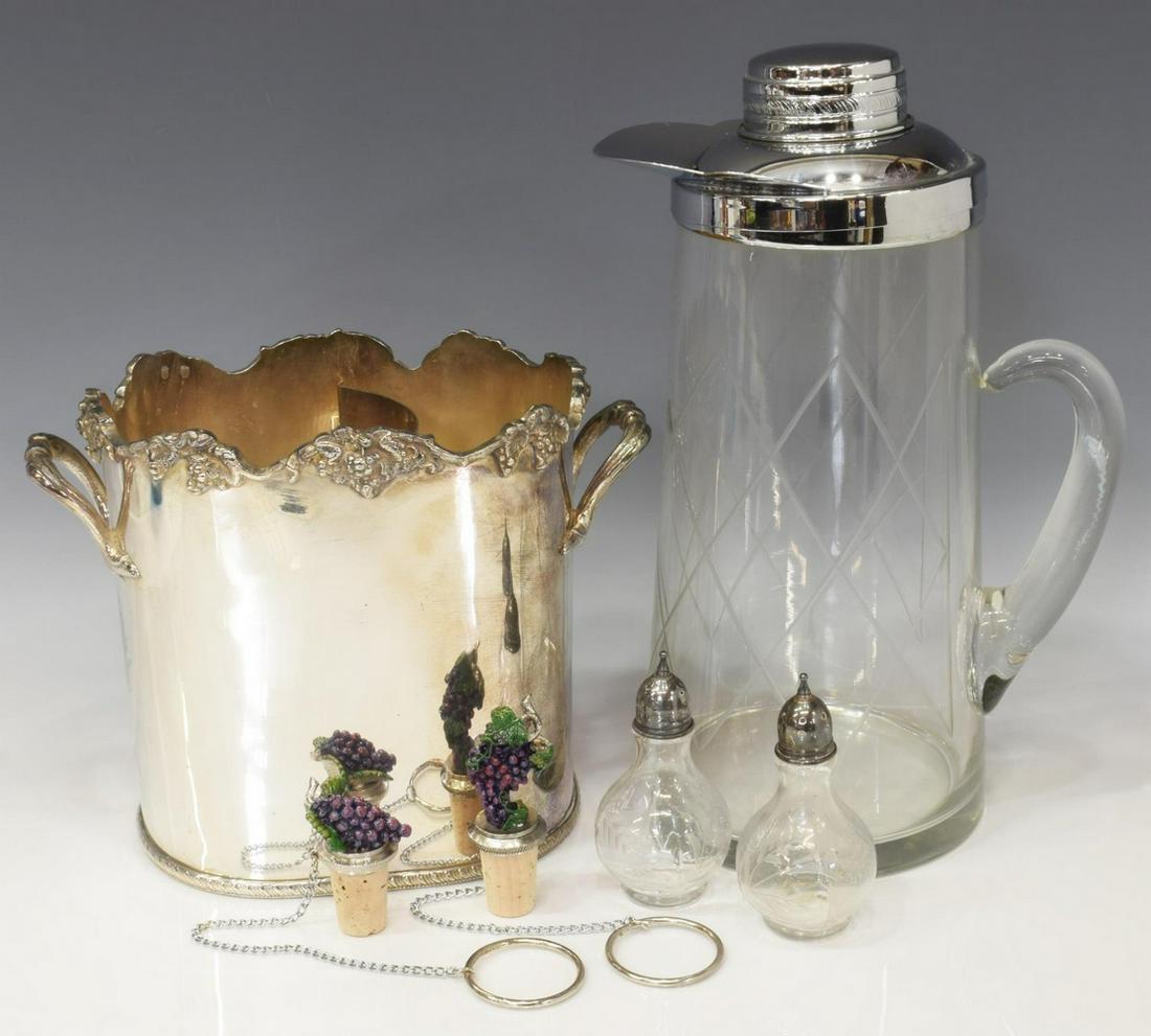 (6) SILVER PLATE, STERLING & OTHER TABLEWARE: (lot of 6) Silver plate, sterling, and other table service ware, including: (1) silver plate champagne/ wine bottle cooler bucket, with grapevine border, unmarked, approx 7"h, 9"w, 5.25"d, (2) salt an