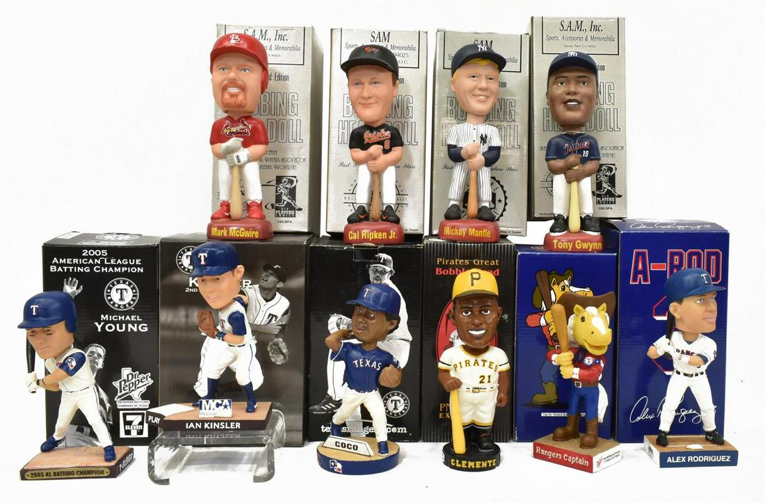 (10) BASEBALL BOBBLEHEADS, MANTLE, CLEMENTE, A-ROD: (lot of 10) Baseball Bobbleheads; (1) Alex Rodriguez, Texas Rangers; (1) Texas Ranger Mascot; (1) Francisco Cordero, Texas Rangers; (1) Michael Young, Texas Rangers; (1) Ian Kinsler, Texas Rangers; (1