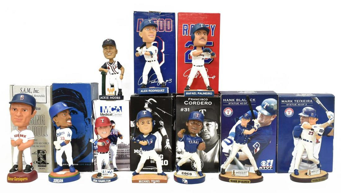 (10) BASEBALL BOBBLEHEADS, PALMEIRO, YOUNG, OTHERS: (lot of 10) Baseball Bobbleheads: (1) Nomar Garciaparra, Boston Rex Sox; (1) Francisco Cordero, Texas Rangers; (1) Michael Young, Texas Rangers; (1) Hank Blalock, Texas Rangers: (1) Mark Teixeira, Tex