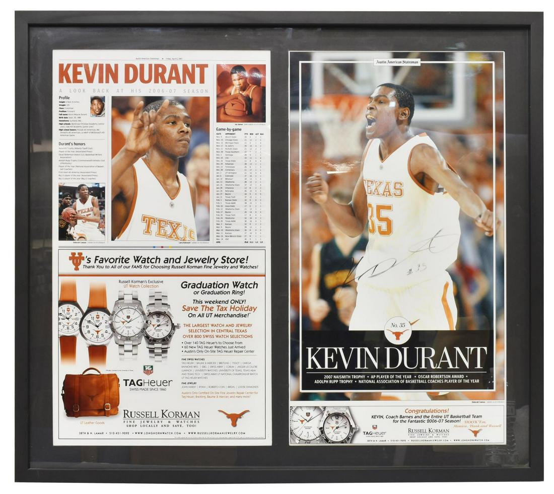 AUTOGRAPHED KEVIN DURANT TEXAS BASKETBALL PLAYER: Framed Kevin Durant autographed image as a University of Texas basketball player together with his game-by-fame record, the color images appeared in the Austin American Statesman newspaper with one da