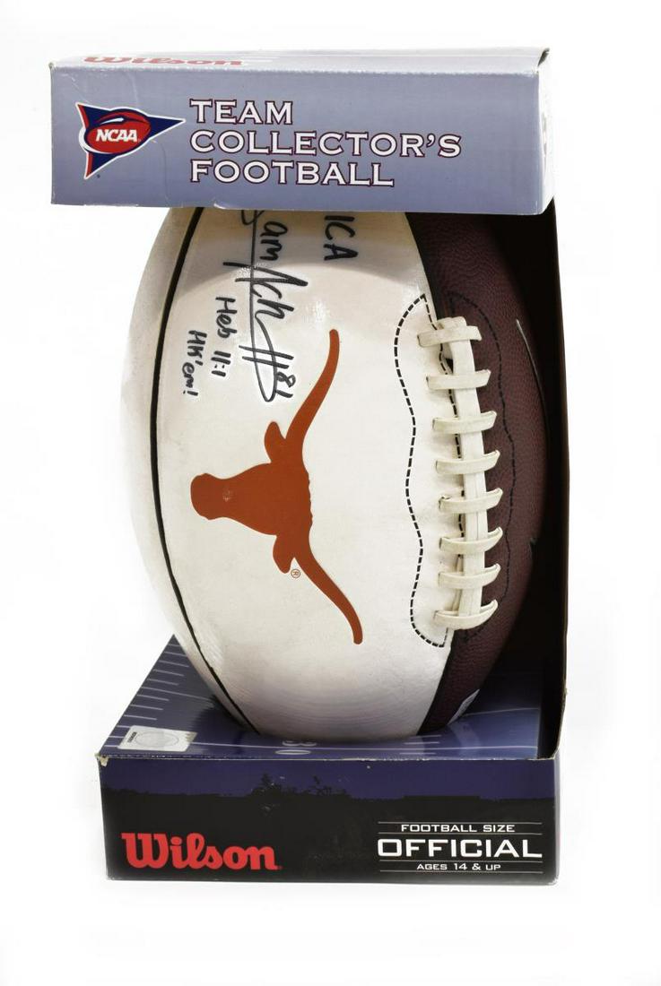 SAM ACHO AUTOGRAPHED TEXAS LONGHORN FOOTBALL: Sam Acho (b. 1988) autographed Nike Texas Longhorn football, later with Arizona Cardinals and Chicago Bears *Provenance: The Korman Collection, Monica and Hank Korman, former co-owners of Russell Korm