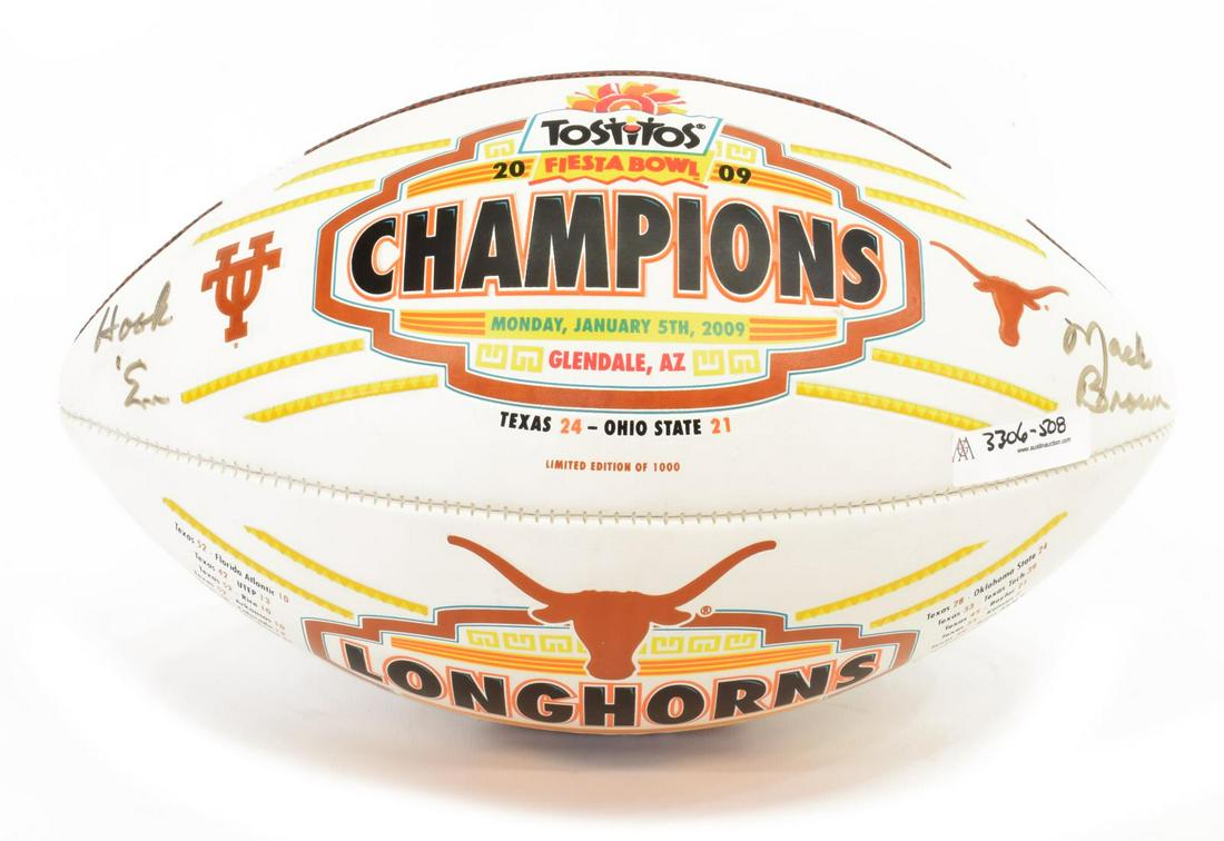 MACK BROWN AUTOGRAPHED FOOTBALL 2009 TOSTITOS BOWL: Mack Brown (b. 1951) autographed Wilson 2009 Tostitos Bowl football while head coach, University of Texas Longhorns, 1998-2013, currently head coach University of North Carolina football *Provenance: