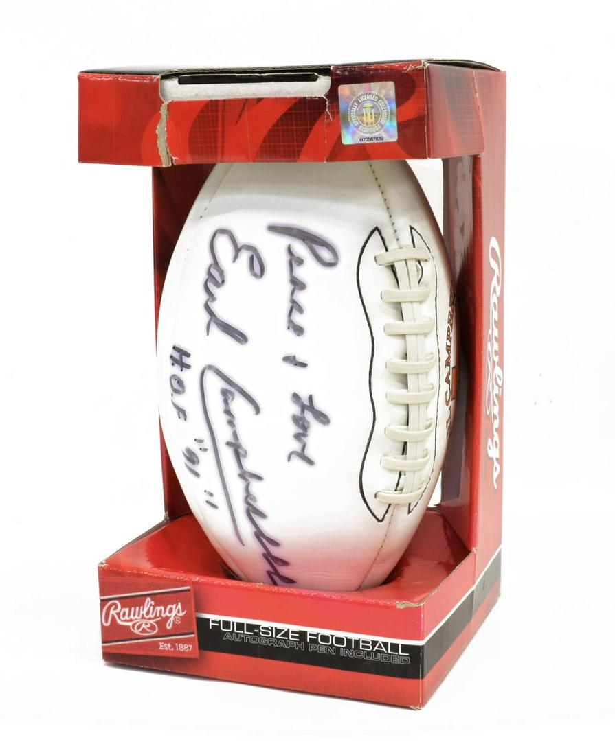 EARL CAMPBELL AUTOGRAHPED TEXAS FOOTBALL: Earl Campbell autographed Texas Longhorn football, signed with sentiment, ball further marked "Earl Campbell, The Tyler Rose", Campbell was the first U.T. winner, in 1977, of the Heisman Trophy, house