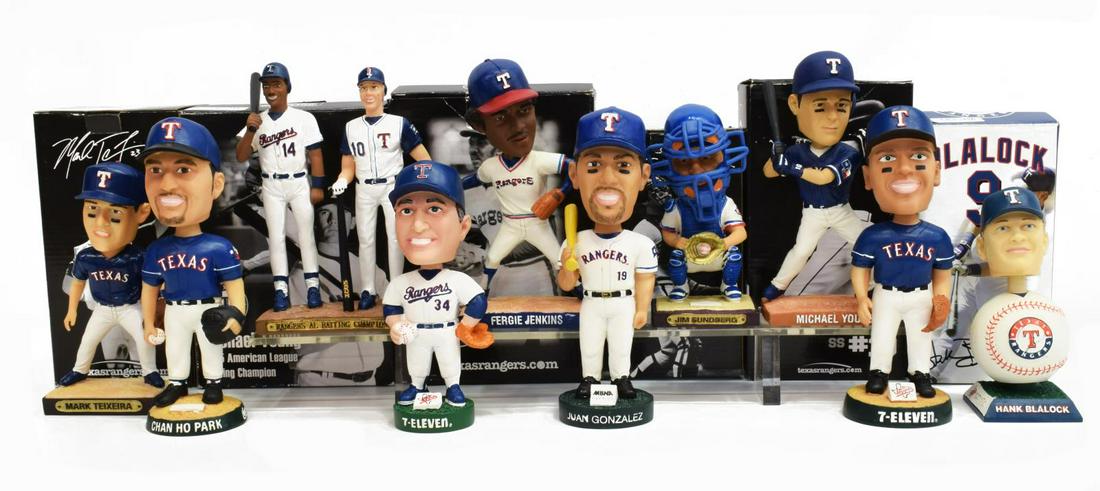 (10) BASEBALL BOBBLEHEADS, RYAN, JENKINS, MORE: (lot of 10) Baseball Bobbleheads: (1) Julio Franco, Texas Rangers; (1) Fergie Jenkins, Texas Rangers; (1) Mark Teixeria, Texas Rangers; (1) Jim Sundberg, Texas Ranger; (1) Michael Young, Texas Rangers