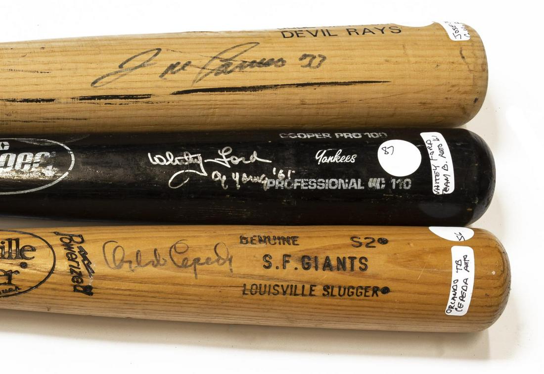 (3) AUTOGRAPHED BALL BATS, FORD, CANSECO, CEPEDA: (lot of 3) Autographed Major League baseball bats; (1) Whitey Ford; (1) Jose Canseco; (1) Orlando Cepeda *Provenance: The Korman Collection, Monica and Hank Korman, former co-owners of Russell Korman 