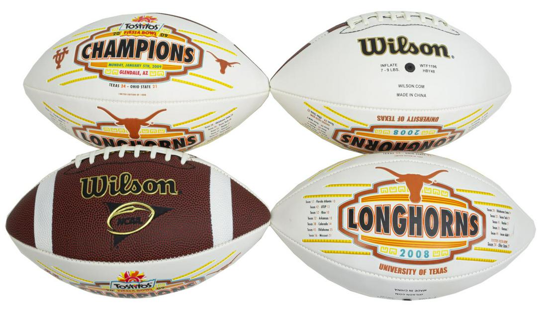 4)NEW WILSON TEXAS FOOTBALL, 2008/09 TOSTITO BOWL: (lot of 4) Wilson Texas Longhorns 2009 Tostitos Bowl Champions footballs new in Wilson boxes, one side with Longhorns 2008 game records, case size: 12"h, 16.5"w, 13.5"d, 5.5lbs *Provenance: The Korman