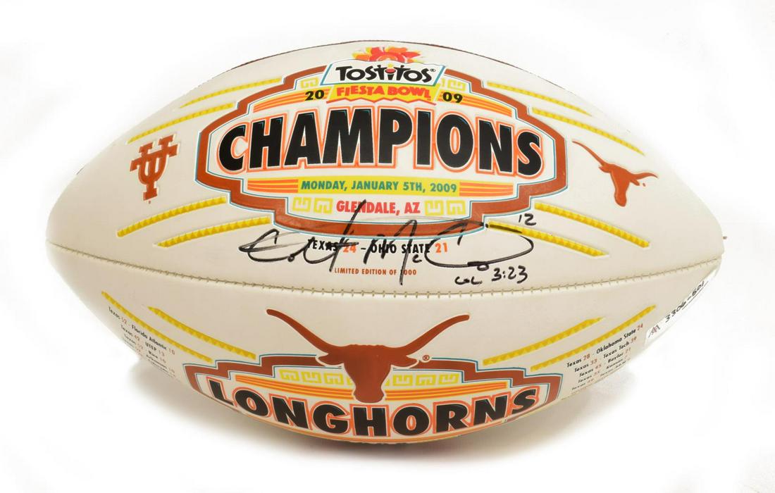 COLT McCOY AUTOGRAPHED FOOTBALL 2008 TOSTITOS BOWL: Colt McCoy (b. 1986) autographed Wilson 2008 Tostitos Bowl football while quarterback, University of Texas Longhorns, graduated 2009, draft pick 2010 by Cleveland Browns, 2013 San Francisco Forty Nine