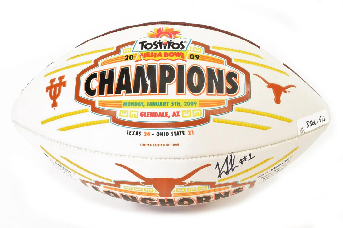 KEENAN ROBINSON AUTOGRAPHED TEXAS BOWL FOOTBALL: Keenan Robinson (b. 1989) autographed Texas Longhorns 2008 Tostitos Bowl football, late with the New York Giants, Washington Redskins, Buffalo Bills *Provenance: The Korman Collection, Monica and Hank
