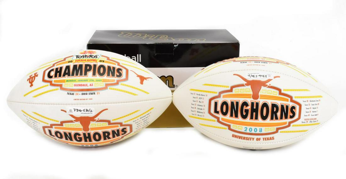 (2) TEXAS LONGHORNS TOSTITOS 2008 CHAMP FOOTBALLS: (lot of 2) New in box 2009 Tostitos Champions Texas Longhorns football with original Wilson box 7"h, 11.25"w, 7"d, total: 2.4lbs *Provenance: The Korman Collection, Monica and Hank Korman, former co-o