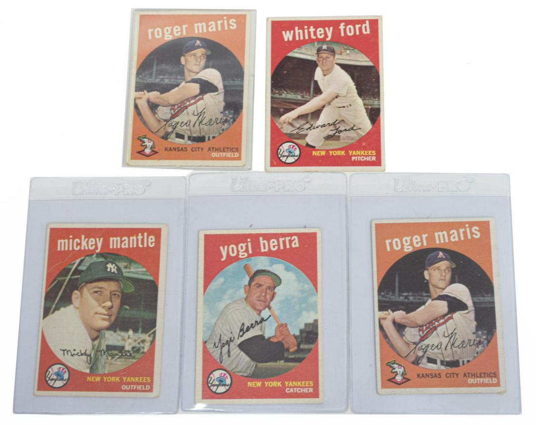 (5) TOPPS 1959 BALL CARDS, MARIS, MANTLE, BERRA: (lot of 5) Topps 1959 baseball cards including (2) Roger Maris both #202; Whitey Ford #430; Mickey Mantle #10; Yogi Berra #180 *Provenance: The Korman Collection, Monica and Hank Korman, former co-own