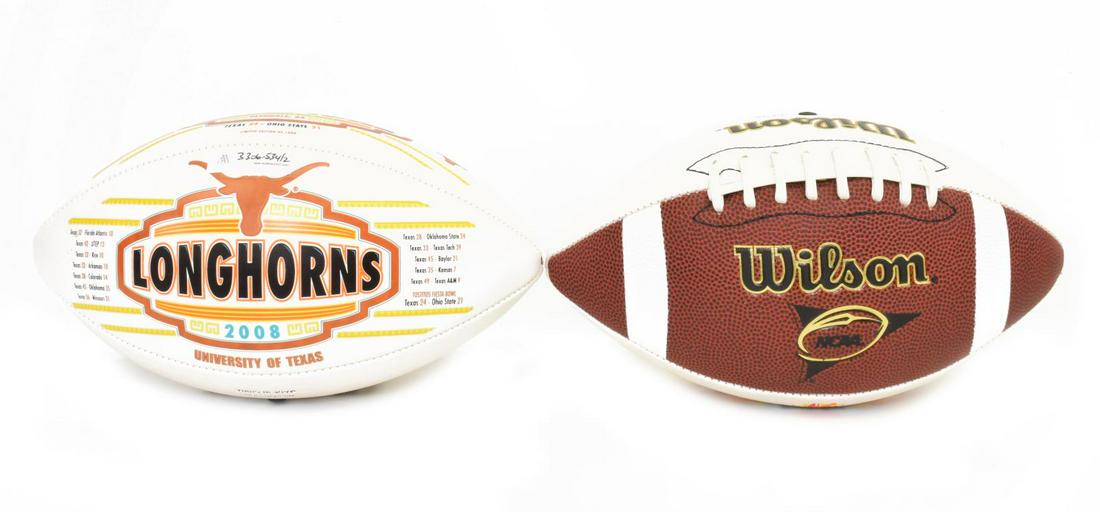 (2) TEXAS LONGHORNS TOSTITOS 2008 CHAMP FOOTBALL: (lot of 2) New in box 2009 Tostitos Champions Texas Longhorns football with original Wilson box 7"h, 11.25"w, 7"d, total: 2.4lbs *Provenance: The Korman Collection, Monica and Hank Korman, former co-o