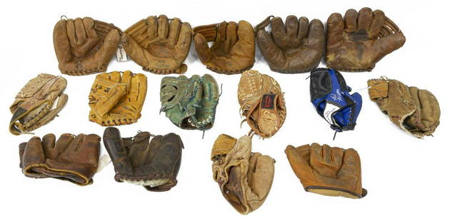 (15) VINTAGE BASEBALL GLOVES: (lot of 15) Vintage baseball gloves: (1) U.S.Army, Gold Smith DW Elmer Riddle; (1) H&B Louisville Slugger Steve Garvey C01128; (1) Rawlings Bob Cerv RJ20; (1) Wilson Harvey Kuenn A2114; (1)