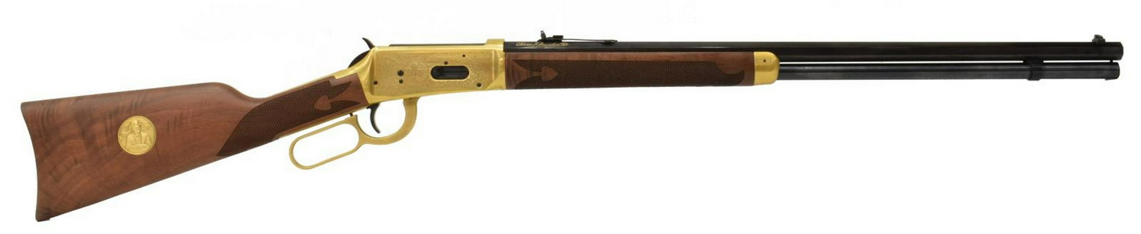 O.F. WINCHESTER COMMEMORATIVE 1894 RIFLE, 38-55: Winchester Model 1894 Oliver F. Winchester commemorative rifle, 38.55 caliber, lever action, 24" octagonal barrel, buckhorn rear sight, figural and scenic engraved gilt receiver, the walnut butt stock