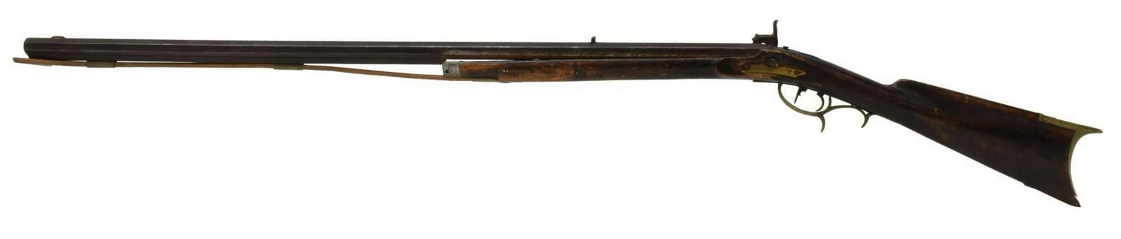 AMERICAN HALF STOCK PERCUSSION LONG RIFLE, PSJ: American half stock percussion long rifle, estimated .37 caliber, the 35.75" octagonal barrel with buckhorn rear sight and no visible markings, lockplate marked P.S.J. Warranted (Philip S. Justice, Ph