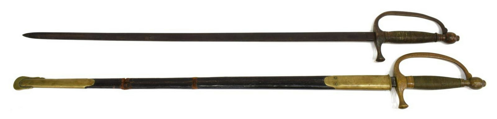 (2) CIVIL WAR M1840 AMES & ROBY MUSICIAN'S SWORDS: (lot of 2) Civil War, Model 1840 musician's swords: (1) the 28" blade marked at the ricasso Made by Ames Mfg. Co., Chicopee, Mass., the opposite ricasso marked U.S, ADK, 1962, unmarked steel guard, ha