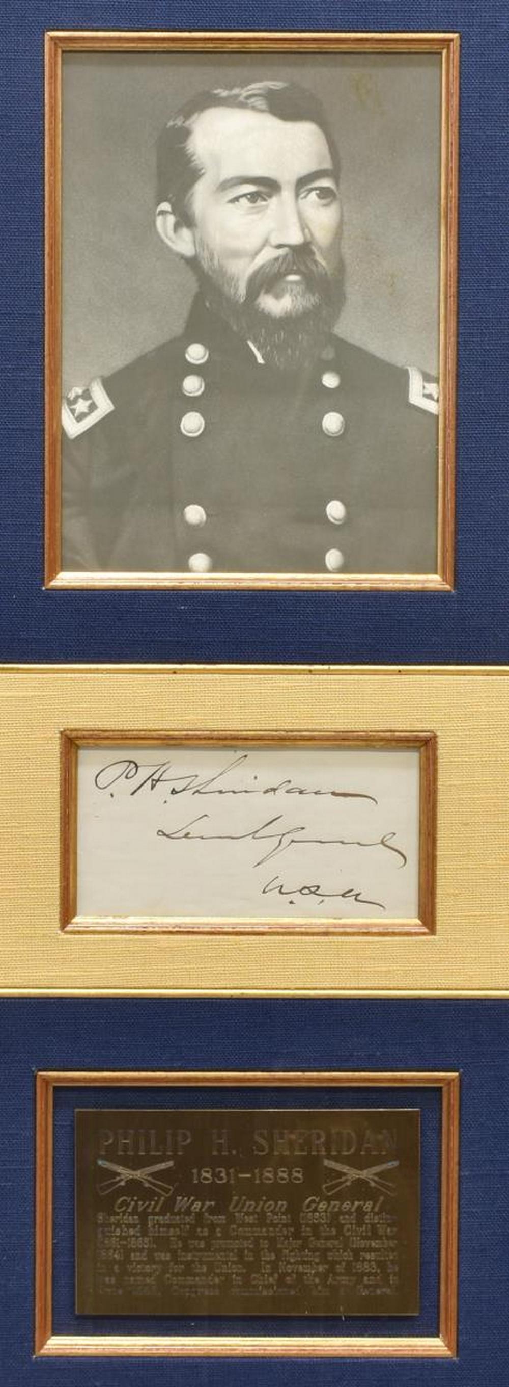 UNION GENERAL PHILIP SHERIDAN (D.1888) AUTOGRAPH: Framed Philip Henry Sheridan (United Sates, 1831-1888) signature, framed together with a later likeness of Sheridan and brass plaque with short biography, label verso for Gallery of History, Las Vegas