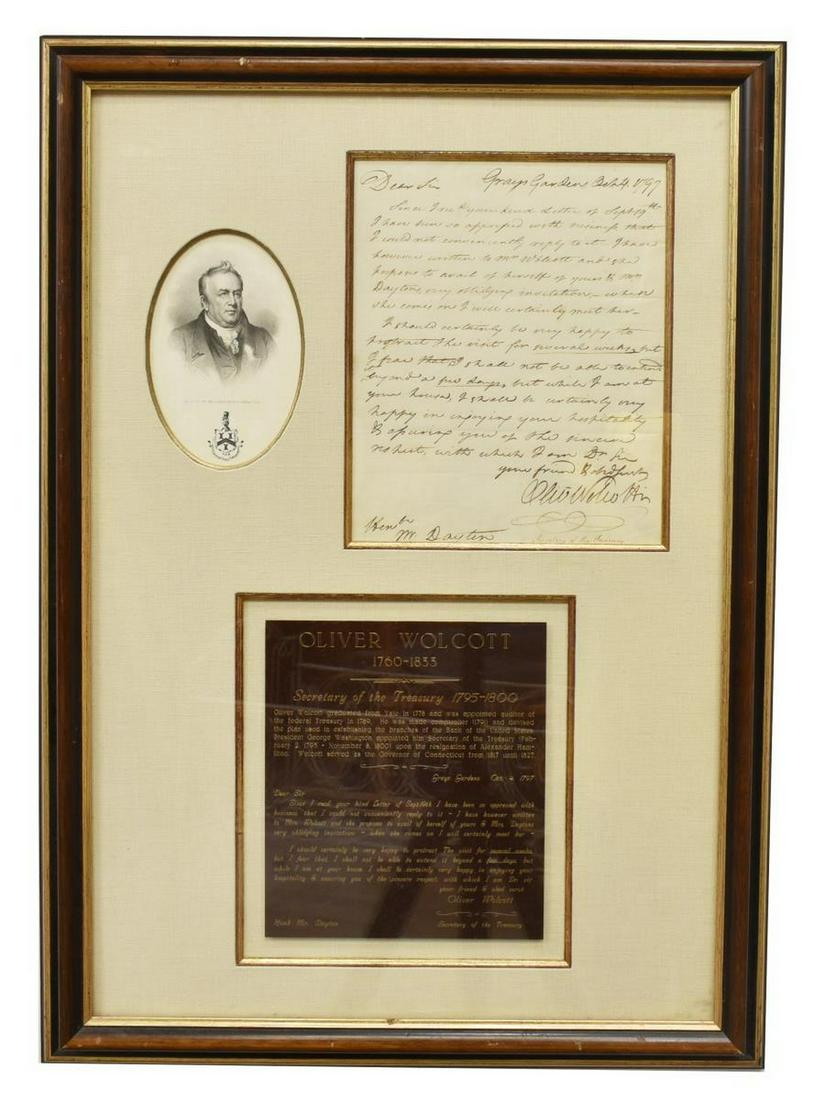 OLIVER WOLCOTT JR. (1760-1833) AUTOGRAPHED LETTER: Framed autographed letter by Oliver Wolcott Jr. (United States, 1760-1833), framed together with a likeness of Wolcott after Rembrandt Peale (United States, 1778-1860), and a later plaque with biograp