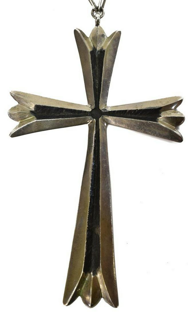 SAM BEGAY NAVAJO SILVER CROSS PENDANT NECKLACE: Native American Navajo silver necklace, Sam Begay, large cross pendant, on long link chain, marked S.B., cross: approx 5"h, 3.25"w, necklace: approx 24.5"l (flat), 70 grams *Provenance: The family of 