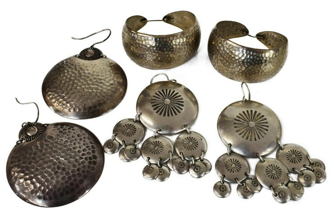 (3 PR) SYLVIA BEGAY RADCLIFFE SILVER EARRINGS: (lot) Native American Navajo silver earrings, Sylvia Begay Radcliffe (daughter of Kenneth Begay), including: (pair) hammered hoop earrings, approx 1.75"h, 7/8"w, (pair) with tiers of graduated discs, 