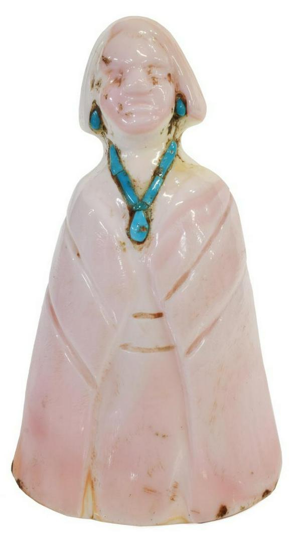 CG WALLACE COLLECTION ZUNI LEO POBLANO FIGURE: Native American carved shell figure, Leo Poblano (Zuni, 1905-1959), c. 1928, pink shell figure of a robed dancer with turquoise earrings and necklace, raised lace, approx 3 3/8"h, 2 1/8"w, .25lb *Prov
