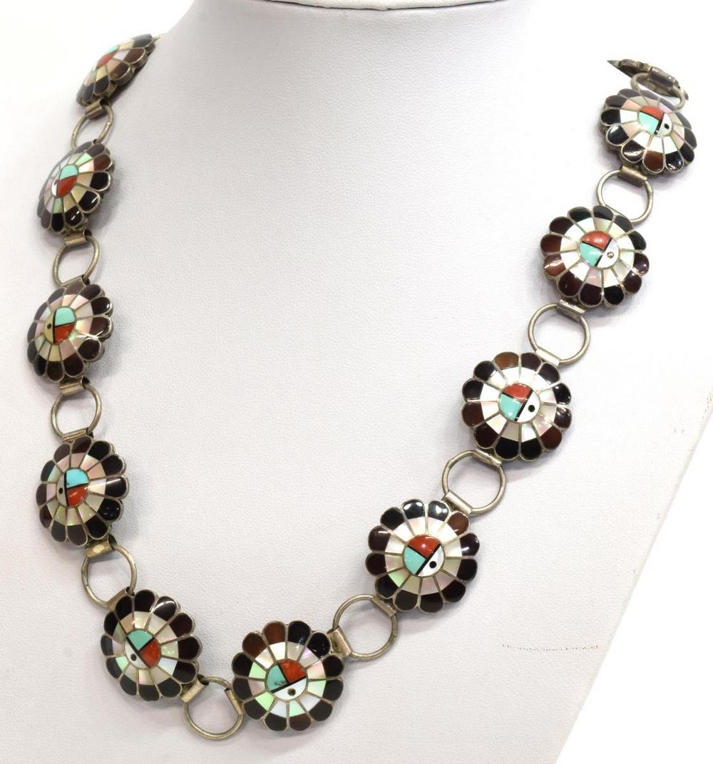 LARRY & LORINDA DICKSON ZUNI SUNFACE HAT BAND: Native American silver hat band, signed L./L. Dickson (Larry and Lorinda Dickson, Zuni, 20th c.), dated 1976, (fifteen) mosaic inlay sunfaces with Sleeping Beauty turquoise, red coral, white mother-of