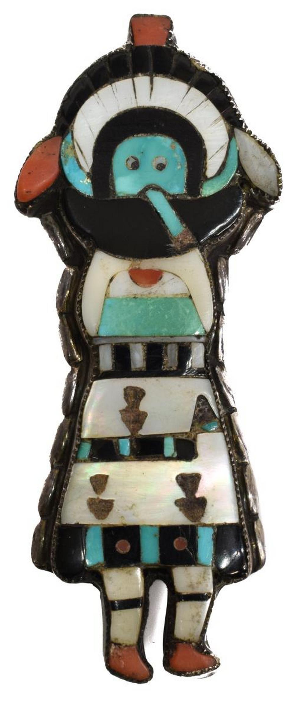 NATIVE AMERICAN ZUNI SILVER SHALAKO BROOCH PIN: Native American Zuni silver Shalako brooch, in the manner of Leo Poblano (1905-1959), set with turquoise, spiny oyster, shell, and jet, engraved signature at back Rini or Rihi, approx 2.5"l, 1"w, 11 g